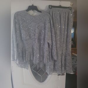 Elegant Gray Lace Top and Skirt Set